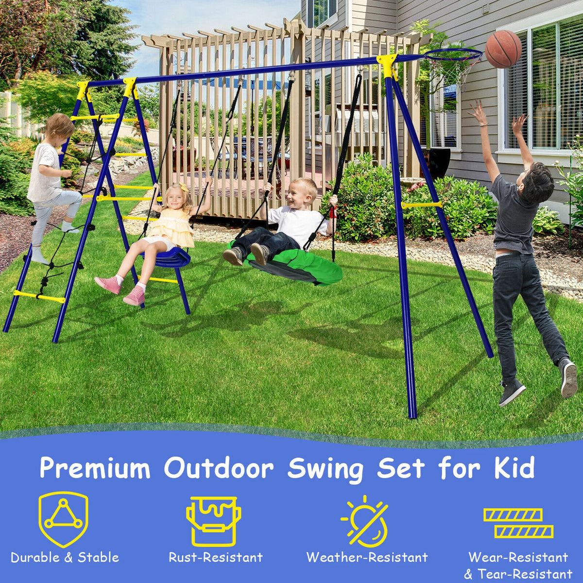Kids Swing Set with Basketball Hoop & Climbing Ladder S96014