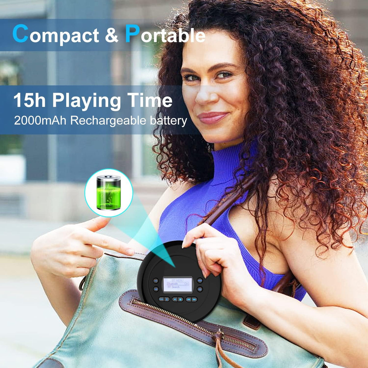 Portable Bluetooth CD Player with Dual Headphone Jack K94585