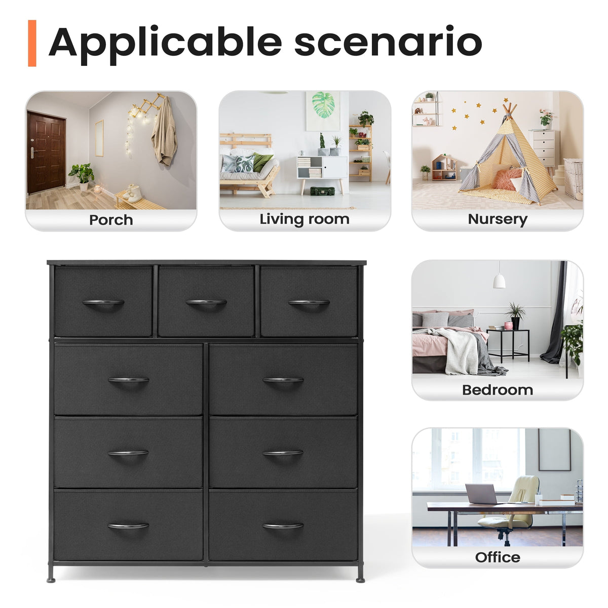 Black 9 Drawer Fabric Dresser Storage Tower D7470