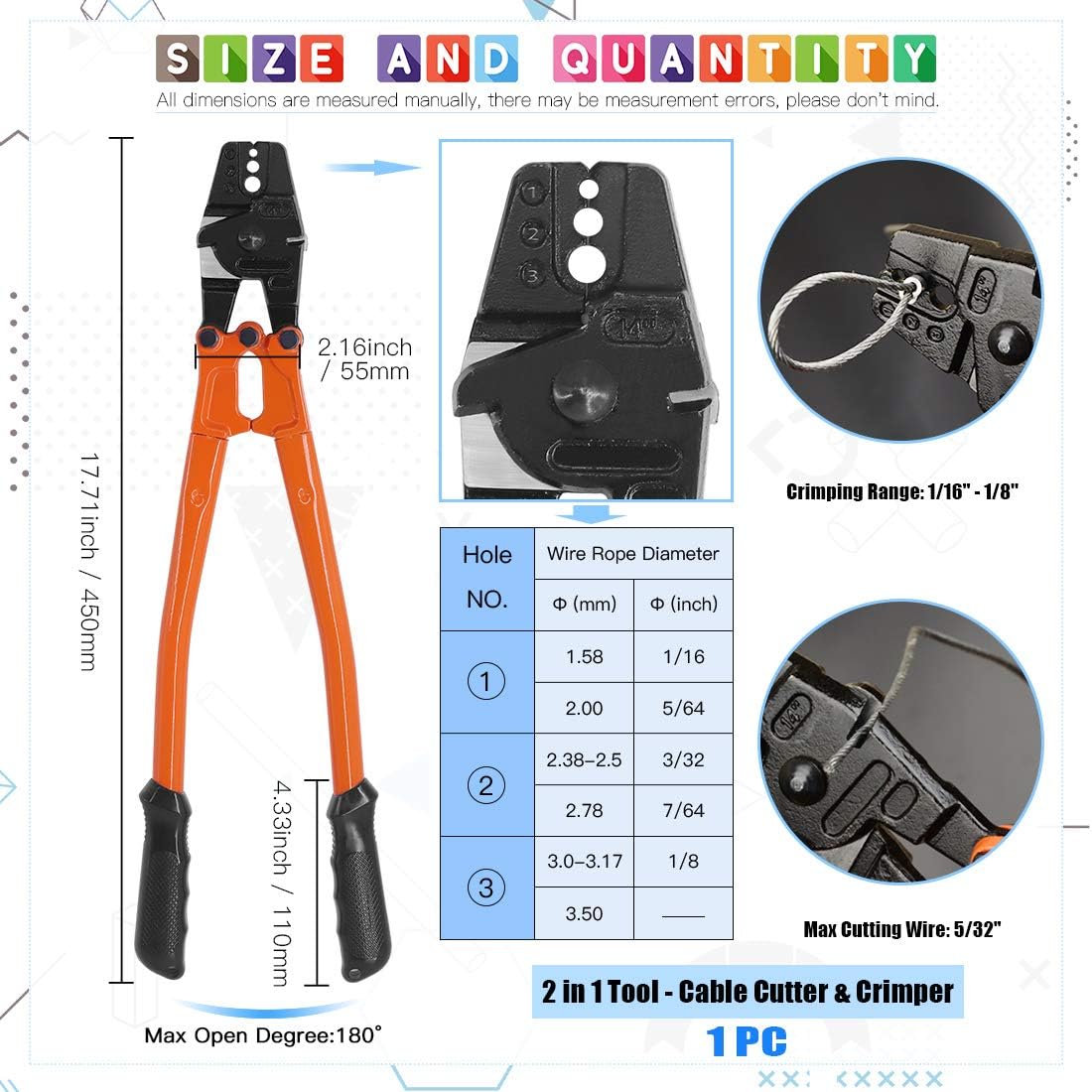 132Pcs Wire Rope Crimping Tool with Crimp Ferrules, Thimbles and Gloves T4048