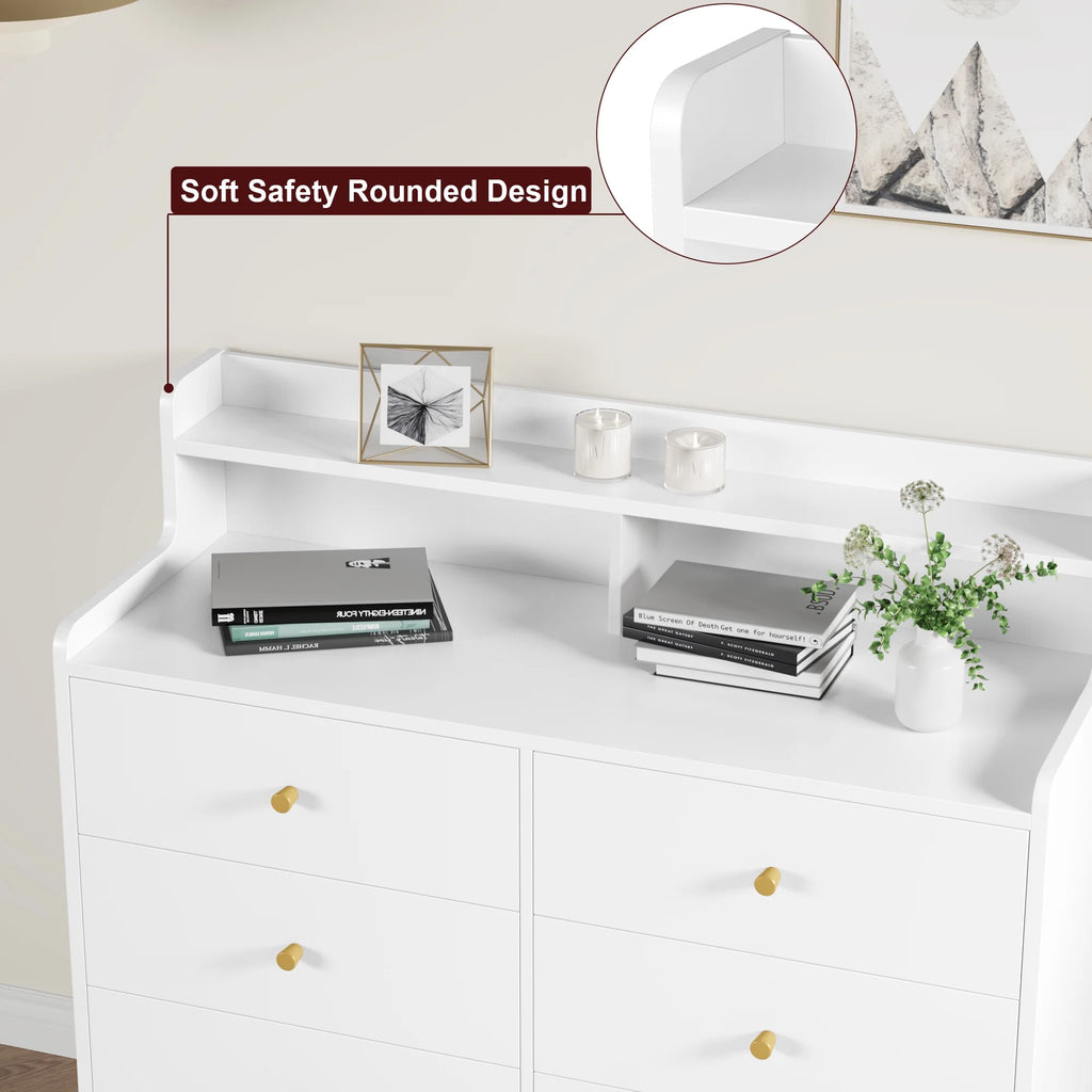 White 6 Drawer Wood Dresser with Hutch R4731