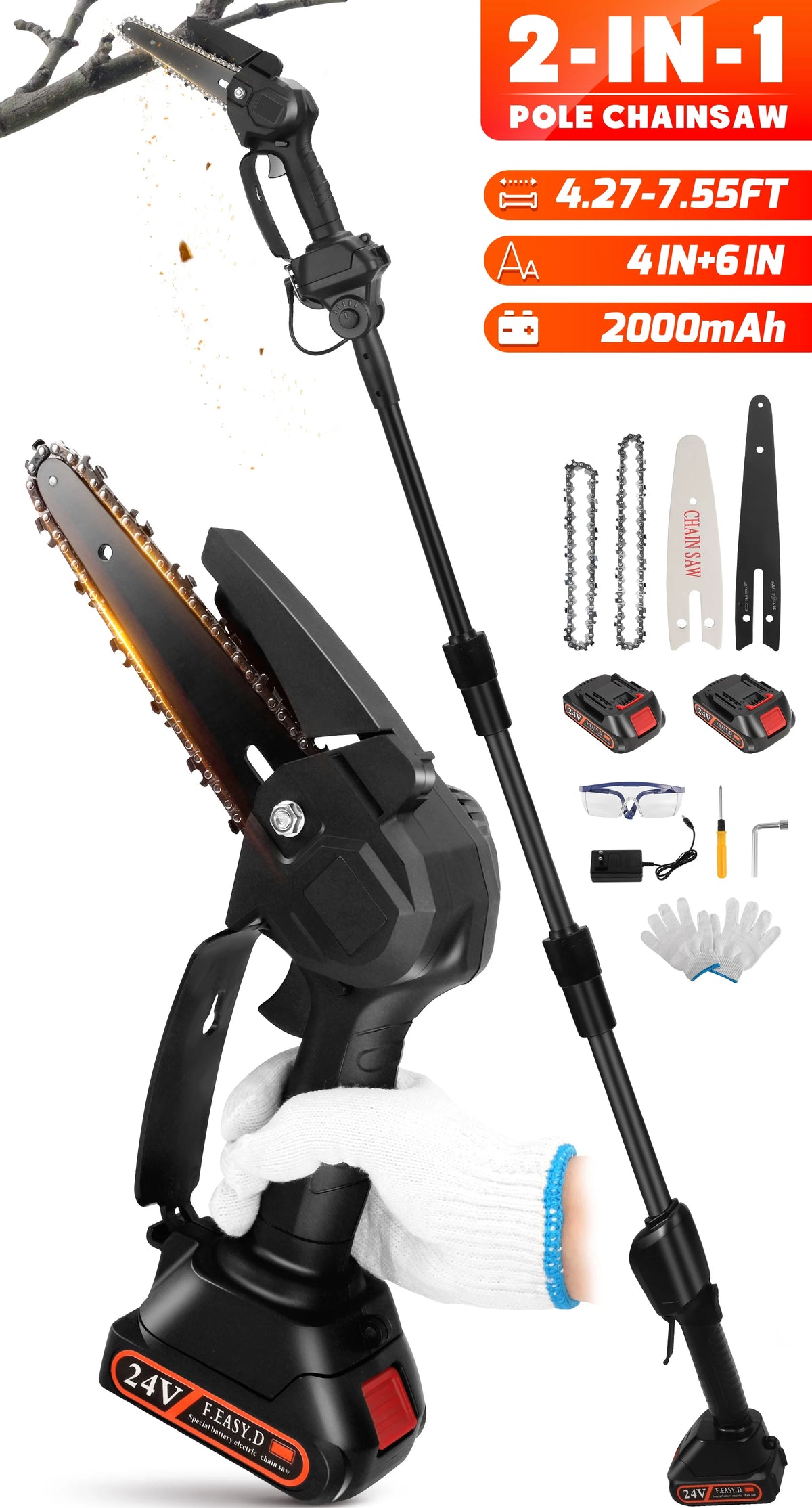 2-in-1 Cordless Pole Saw with 2pcs Batteries Y95783