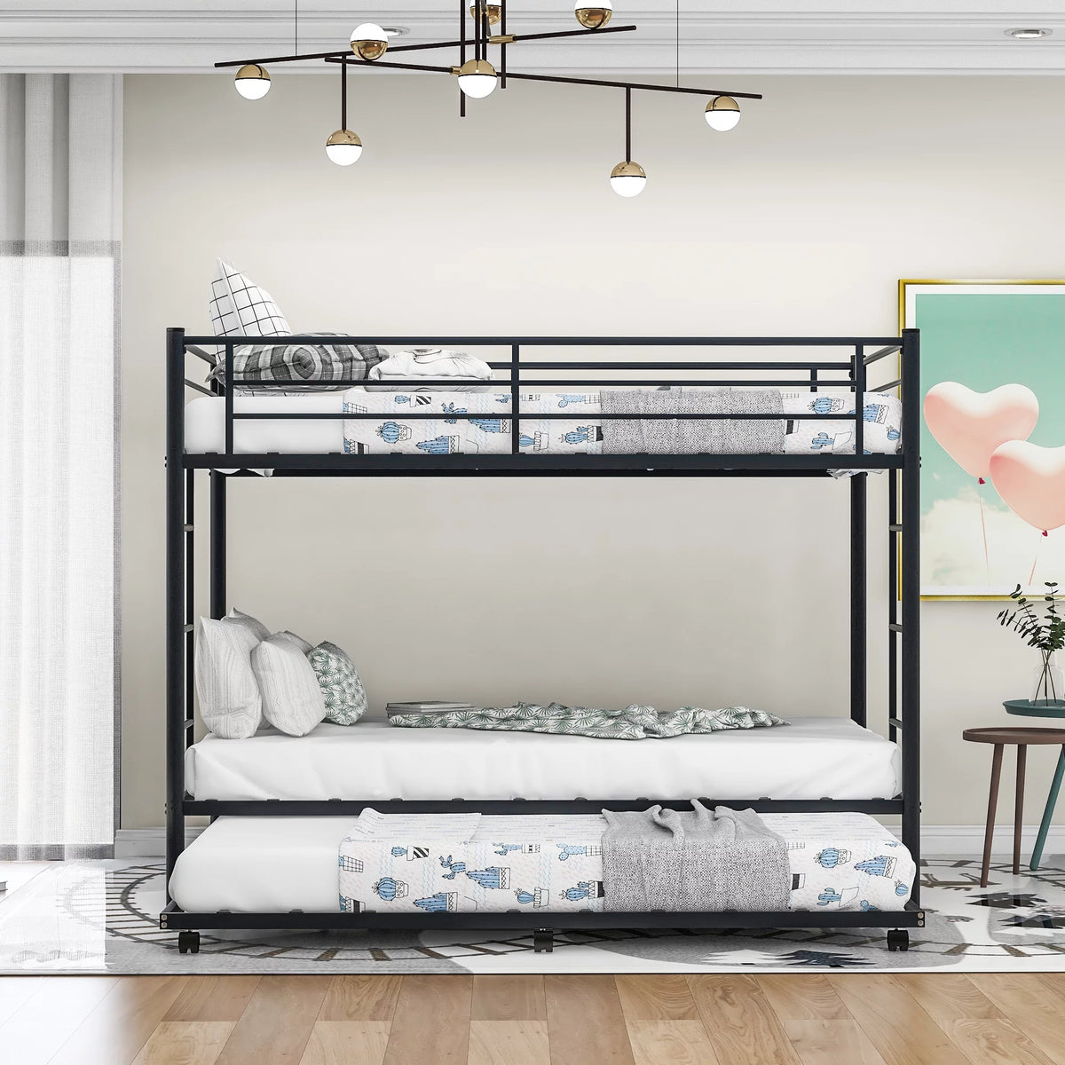 Black Metal Twin over Twin Bunk Bed with Trundle V3997