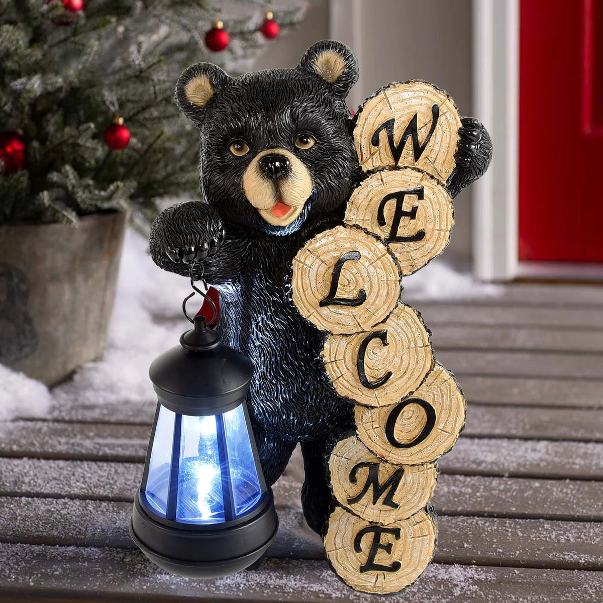 Large Black Bear Statue with Solar Lantern Light Q8423