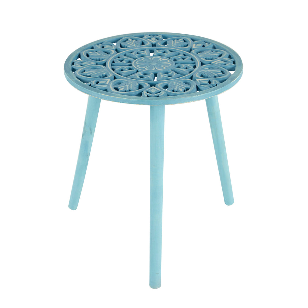 Gray Brown Carved Wood Round Accent Table J676388