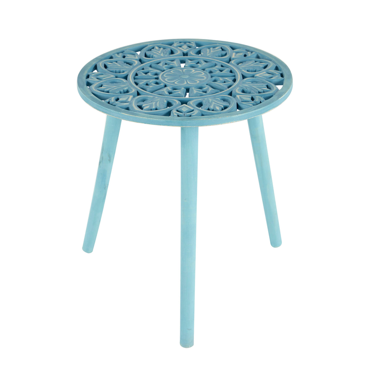 Gray Brown Carved Wood Round Accent Table J676388