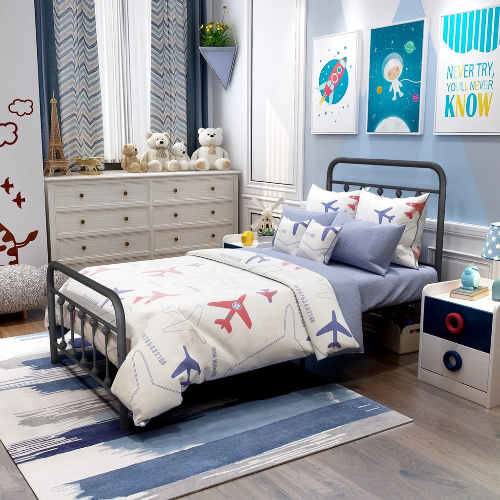 Twin Size Black Platform Bed Frame with Headboard J153