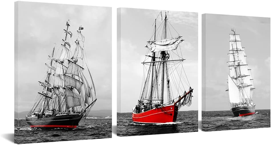 Red Sailing Ship Canvas Wall Art 12x16inch 3pcs C1667