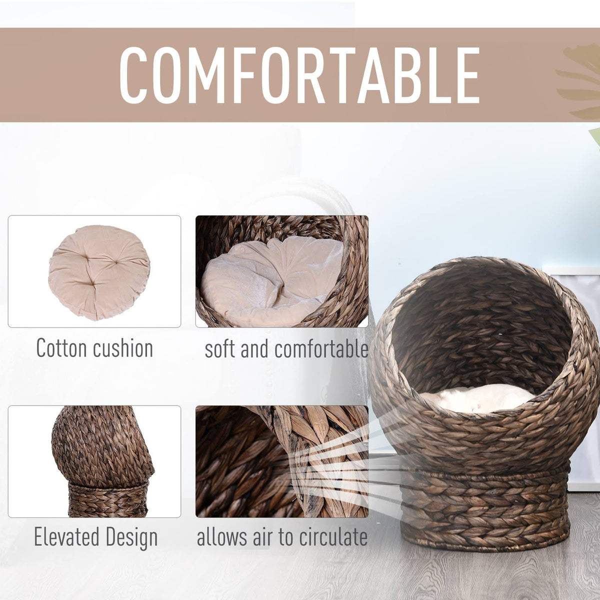Hooded Rattan Wicker Elevated Cat House with Mat V294