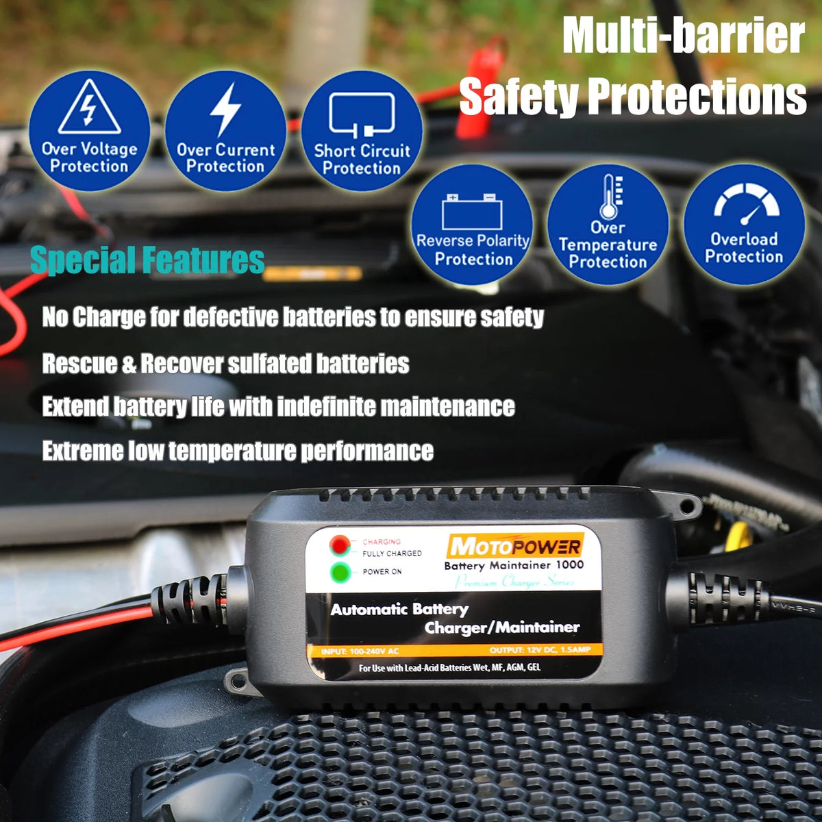12V 1.5Amp Automatic Battery Charger Maintainer P38390