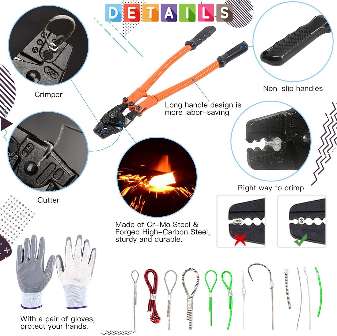 132Pcs Wire Rope Crimping Tool with Crimp Ferrules, Thimbles and Gloves T4048
