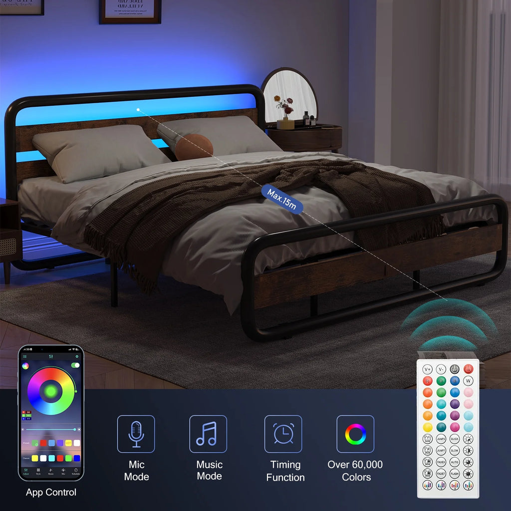 Queen Size LED Bed Frame with Wood Headboard and Under-Bed Storage T47021