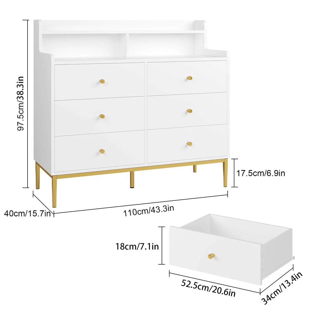 White 6 Drawer Wood Dresser with Hutch R4731