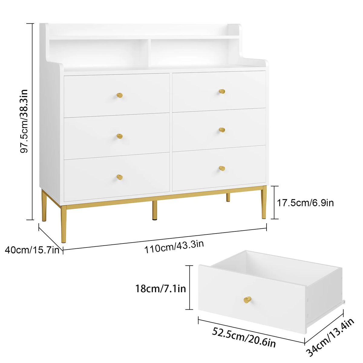 White 6 Drawer Wood Dresser with Hutch R4731