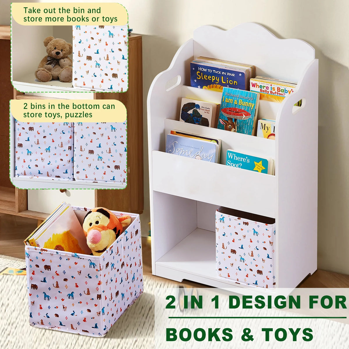 Pink Wood 4 Tier Kids Bookshelf with Toy Bin O803