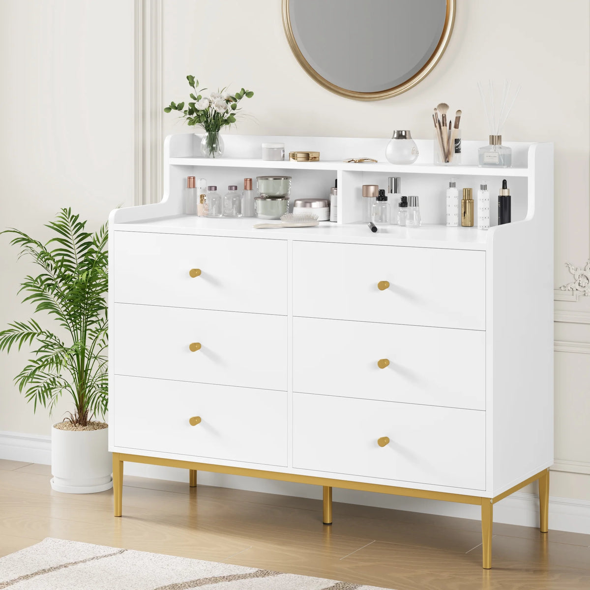 White 6 Drawer Wood Dresser with Hutch R4731