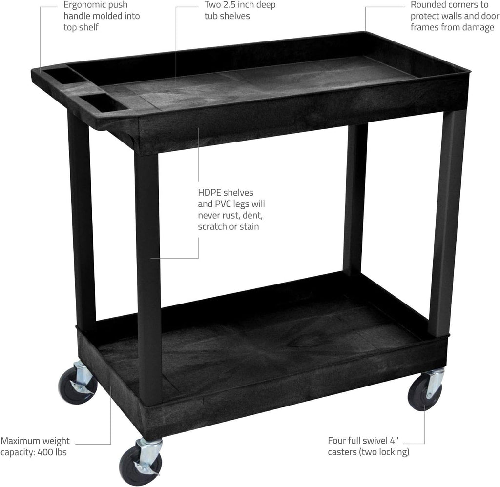 Black 2 Shelf Utility Cart with Push Handle J471