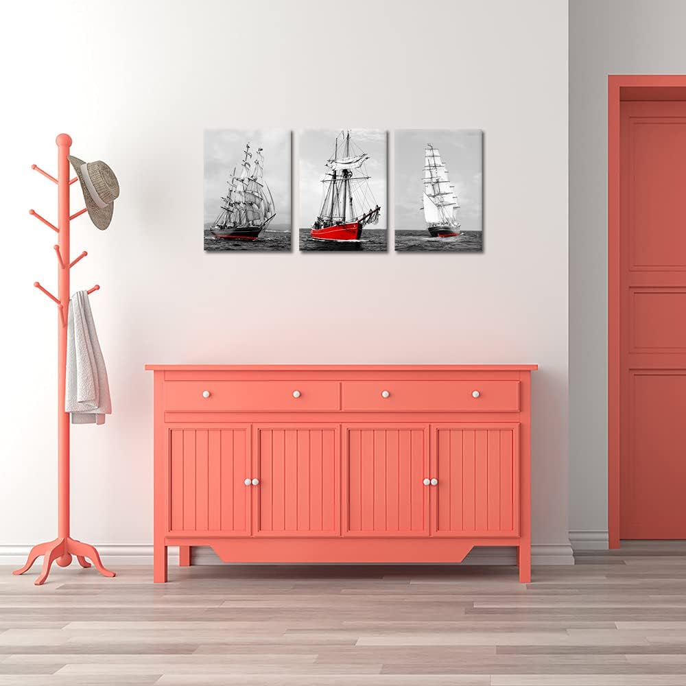 Red Sailing Ship Canvas Wall Art 12x16inch 3pcs C1667