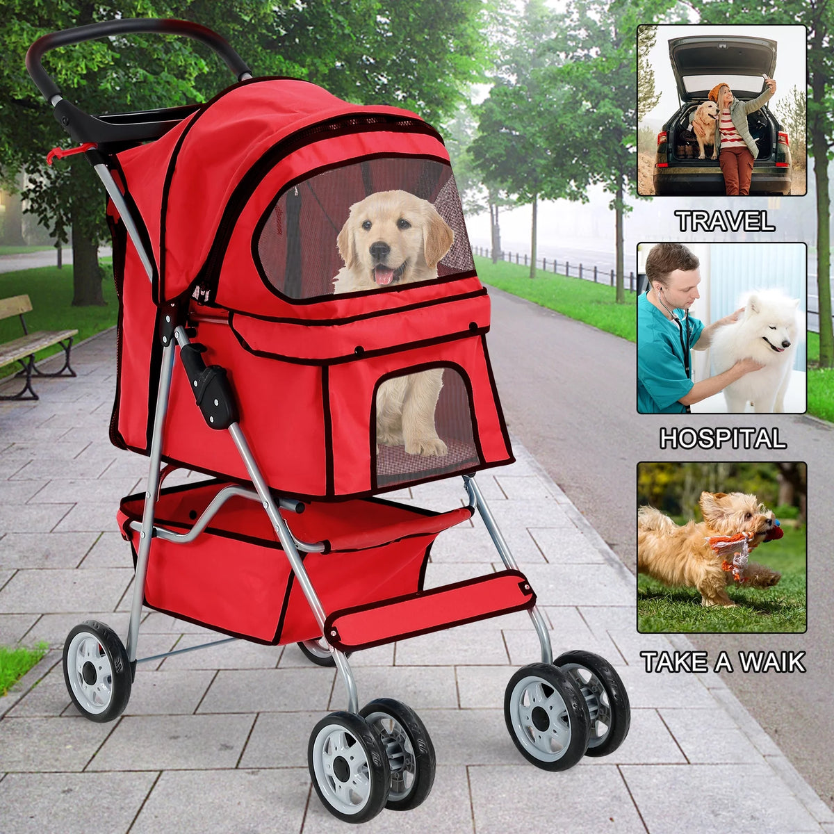 4 Wheels Foldable Pet Stroller with Storage Basket Z896283