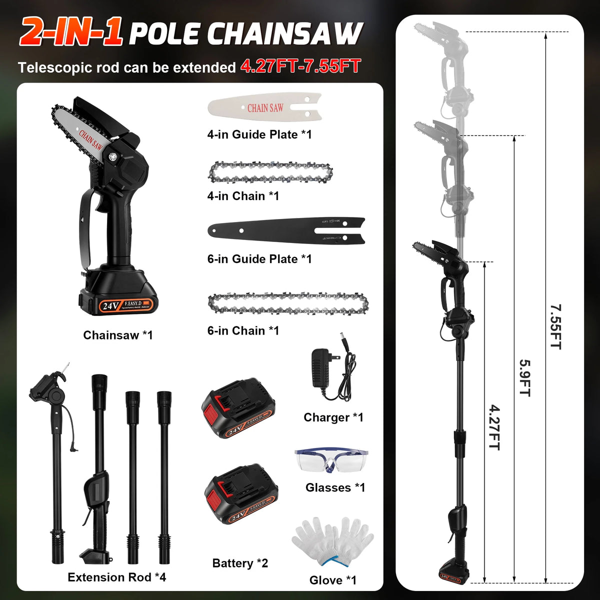 2-in-1 Cordless Pole Saw with 2pcs Batteries Y95783