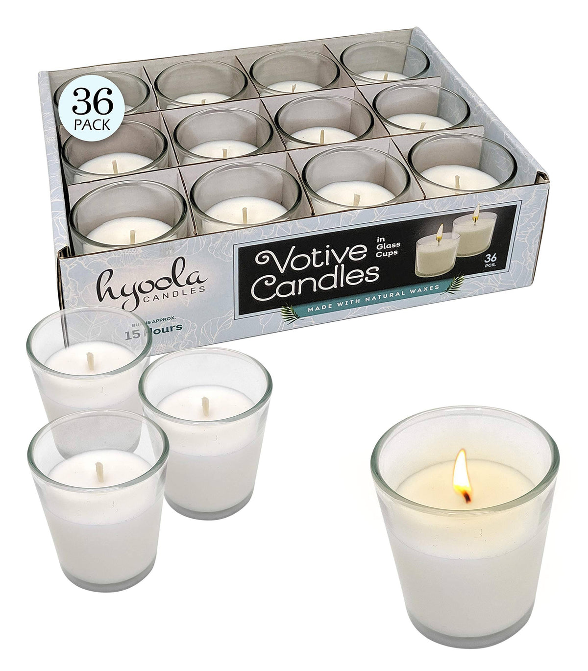 White Votive Candles 36 Pack Clear Glass Cups Unscented 15 Hour F993