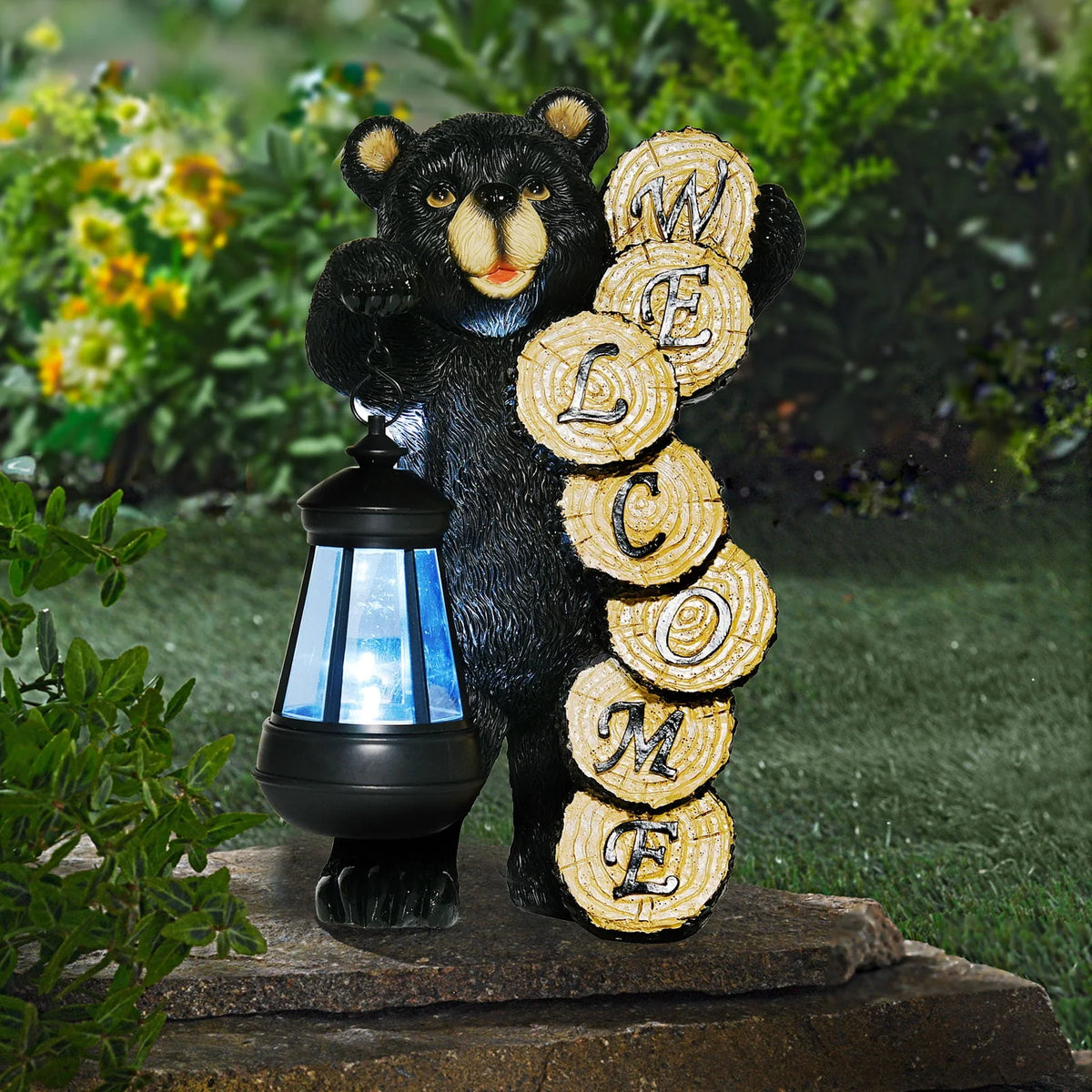 Large Black Bear Statue with Solar Lantern Light Q8423