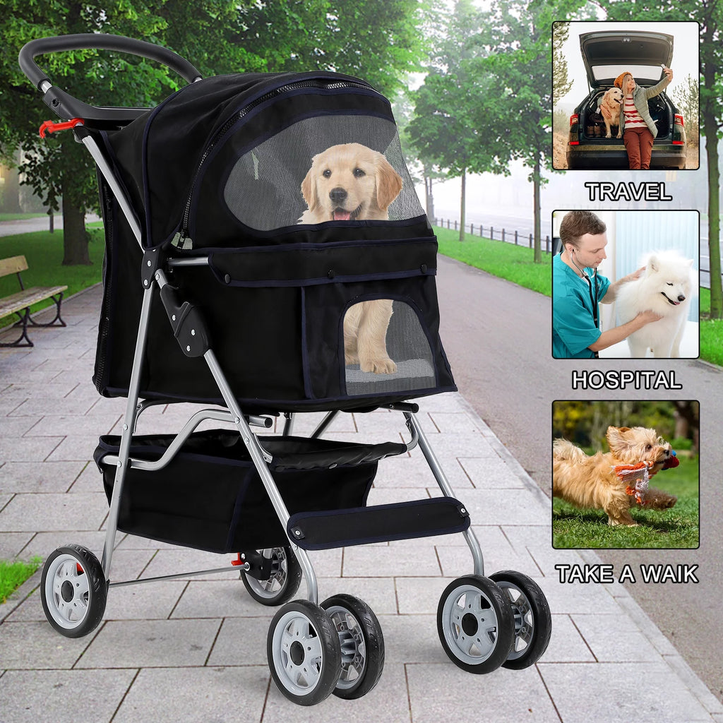 4 Wheels Foldable Pet Stroller with Storage Basket Z896283