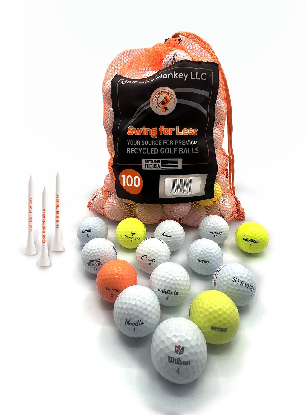 100 Pack Recycled Golf Balls with 15 Tees and Mesh Carrying Bag M345