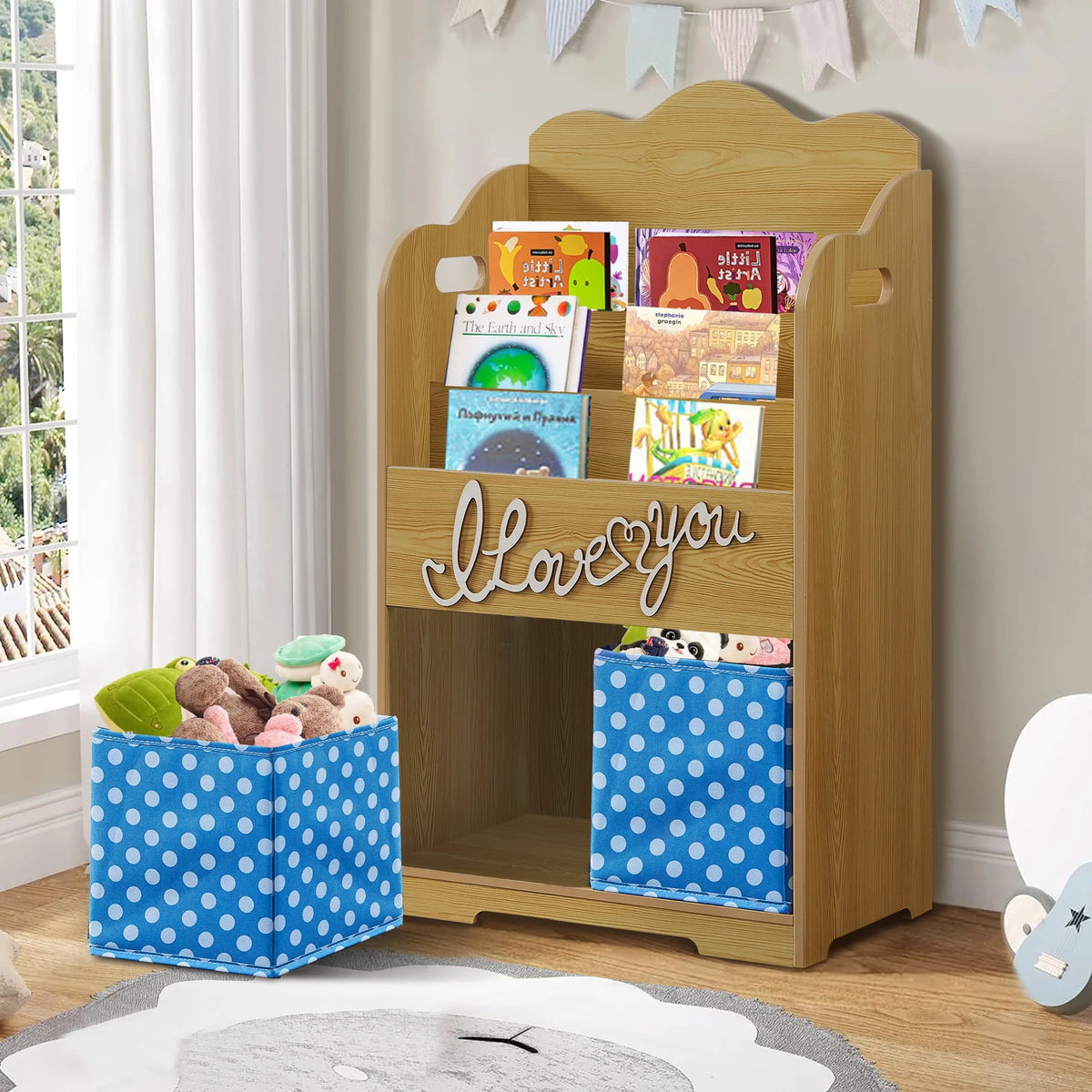 Pink Wood 4 Tier Kids Bookshelf with Toy Bin O803