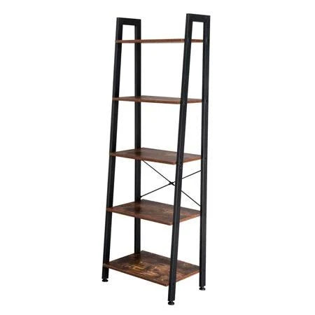 4-Tier Ladder Shelf Bookcase Rustic Wood and Metal Shelving Unit Brown S268471