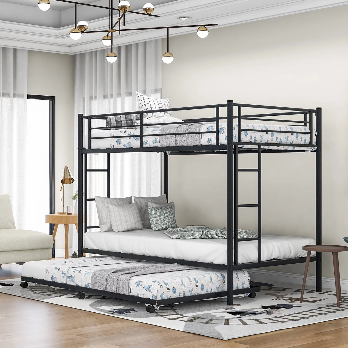 Black Metal Twin over Twin Bunk Bed with Trundle V3997