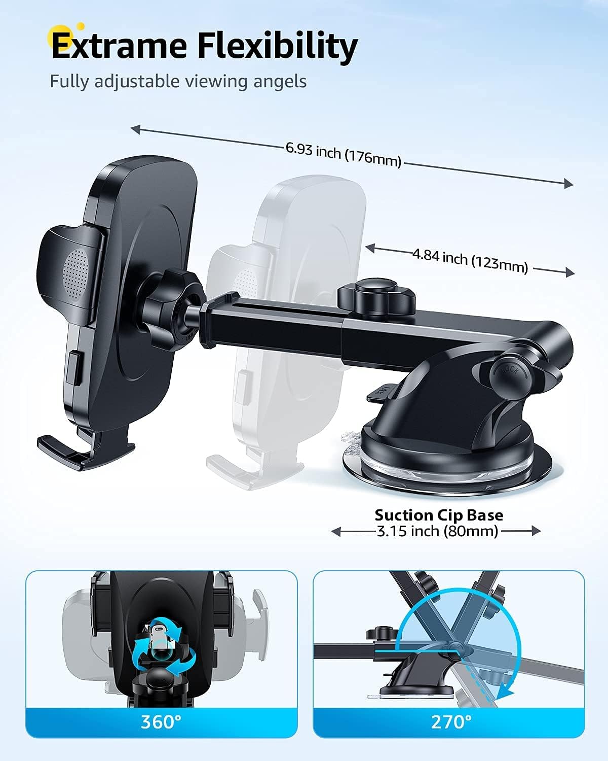 Grey Suction Cup Car Phone Holder Mount W8408