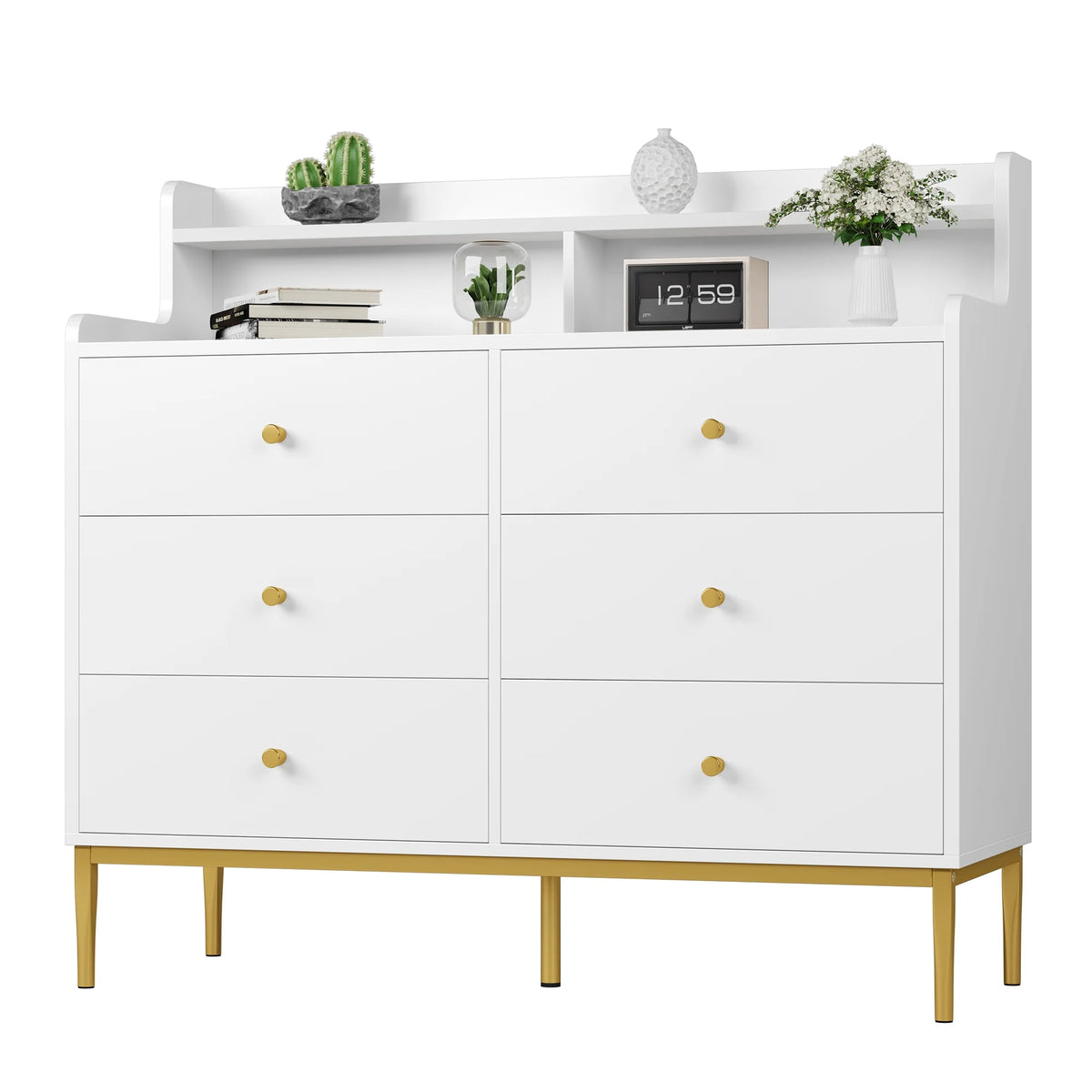 White 6 Drawer Wood Dresser with Hutch R4731