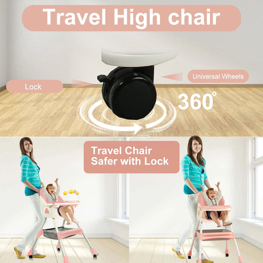 4-in-1 Baby High Chair Portable Dining Chair Pink K635