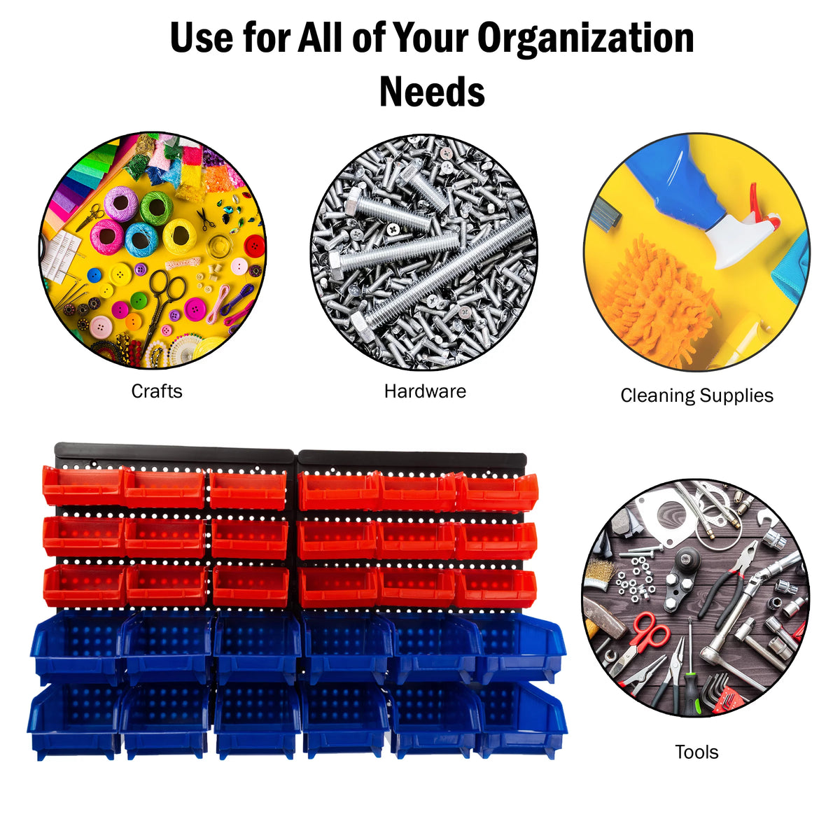 Wall-Mounted Garage Storage Bins 30-Compartment Black Red Blue K64524