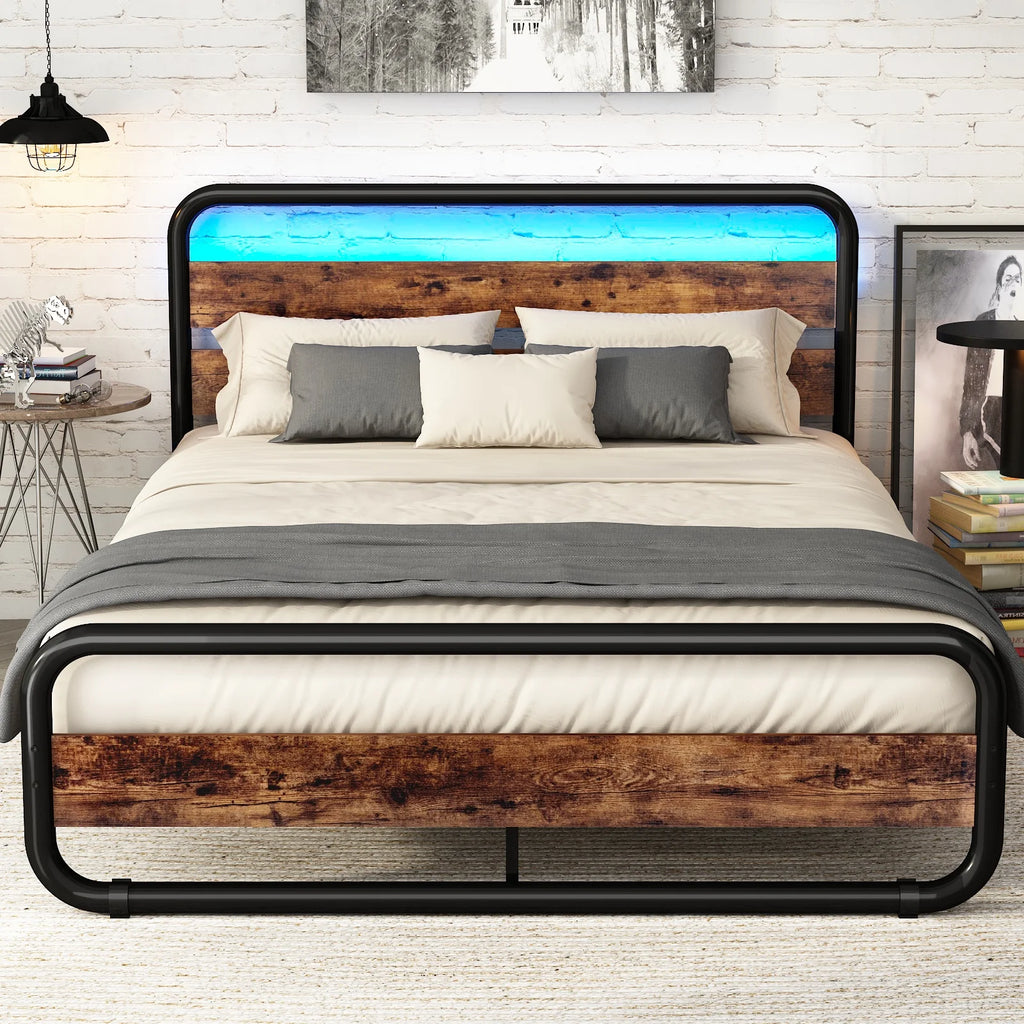 Queen Size LED Bed Frame with Wood Headboard and Under-Bed Storage T47021