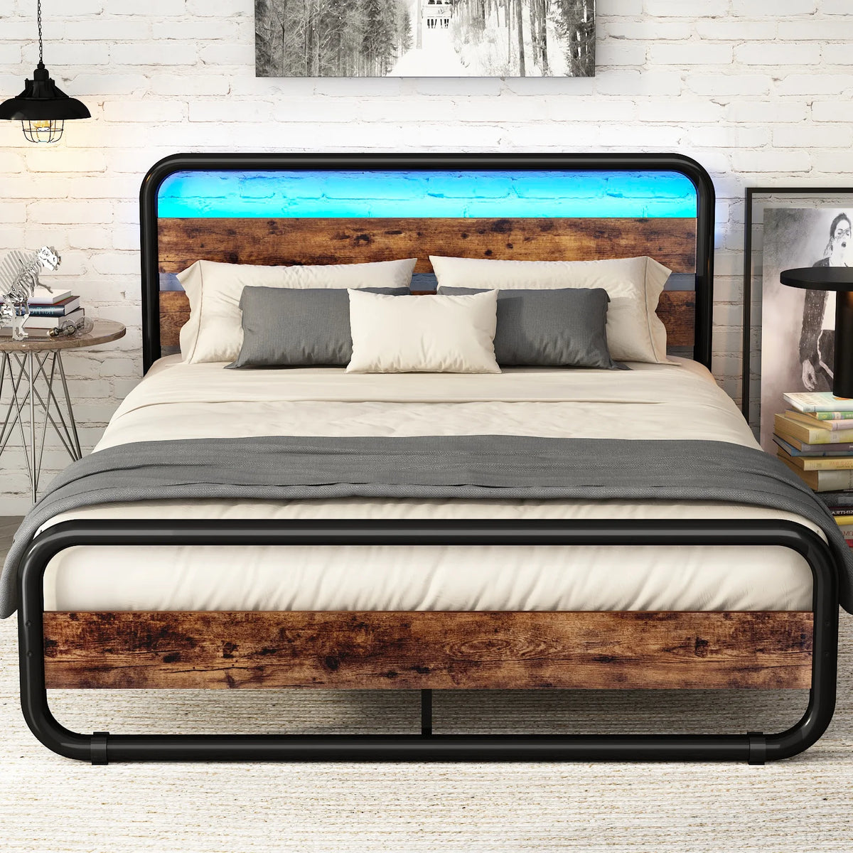 Queen Size LED Bed Frame with Wood Headboard and Under-Bed Storage T47021