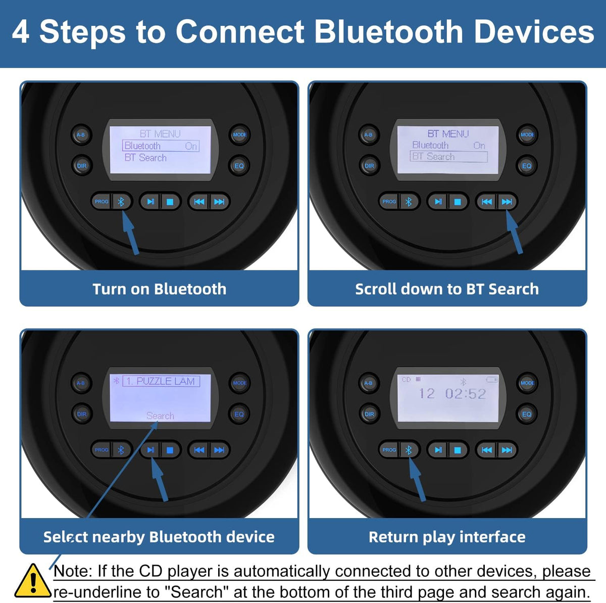 Portable Bluetooth CD Player with Dual Headphone Jack K94585
