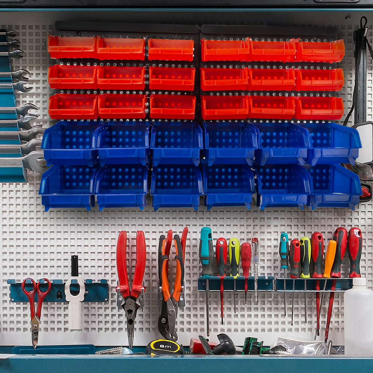 Wall-Mounted Garage Storage Bins 30-Compartment Black Red Blue K64524