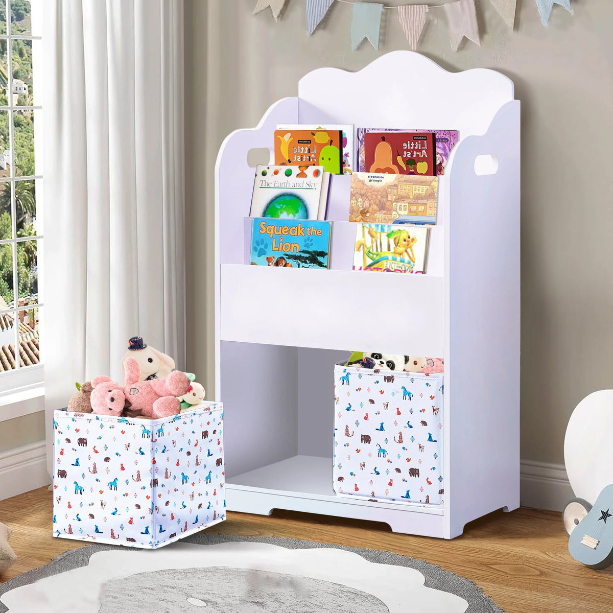 Pink Wood 4 Tier Kids Bookshelf with Toy Bin O803