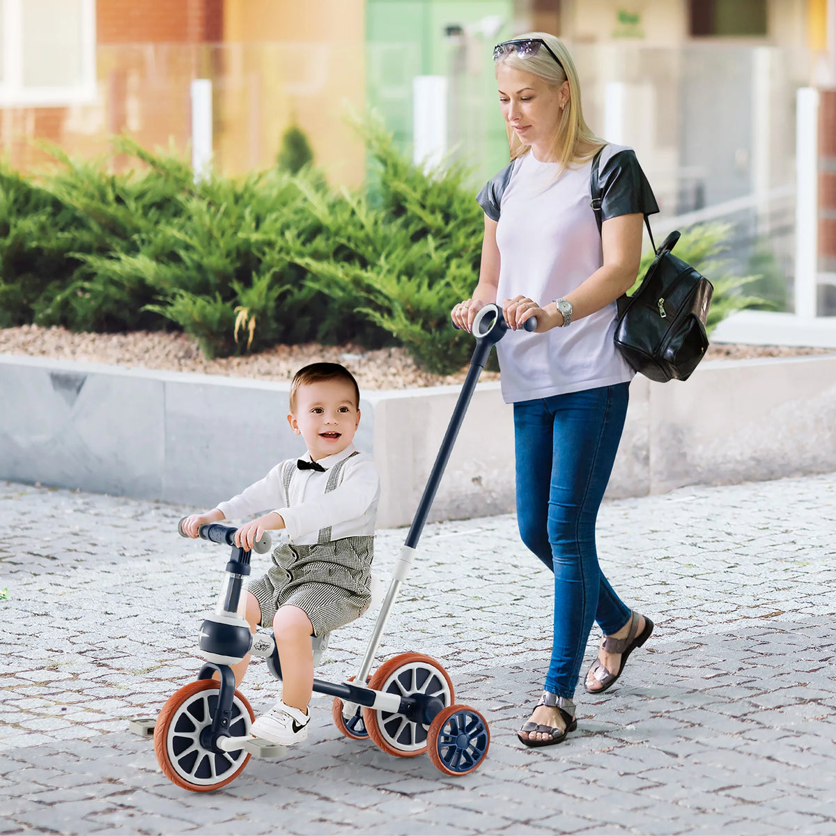 4 in 1 Kids Tricycles with Push Handle & Training Wheels Navy U577139
