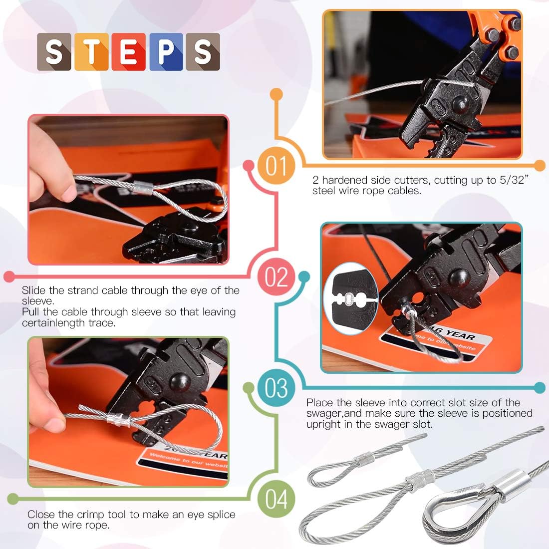 132Pcs Wire Rope Crimping Tool with Crimp Ferrules, Thimbles and Gloves T4048