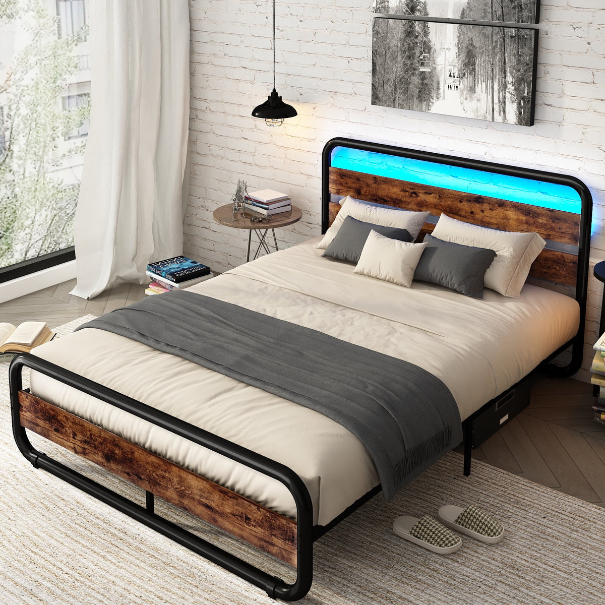 Queen Size LED Bed Frame with Wood Headboard and Under-Bed Storage T47021