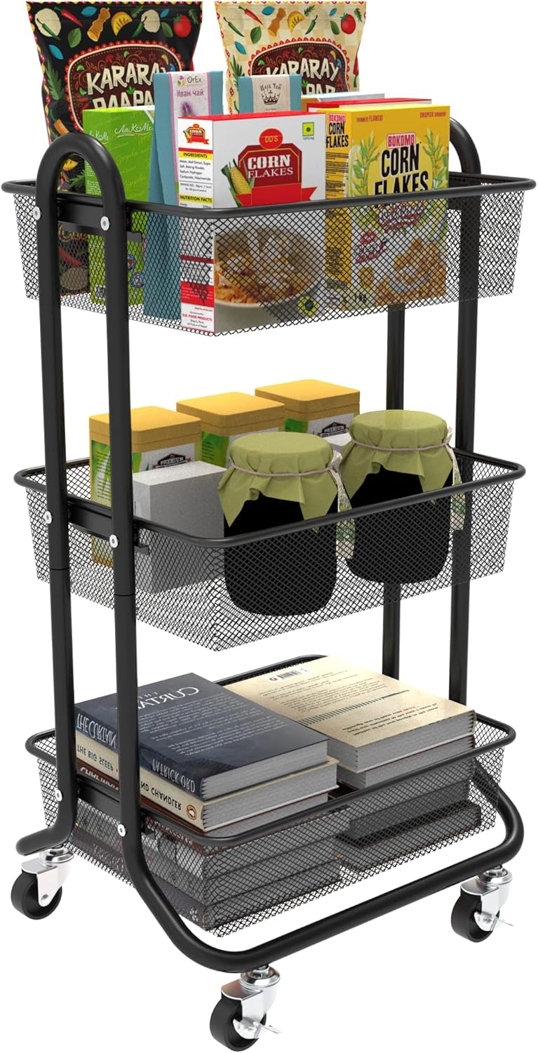 3 Tier Metal Rolling Utility Cart with Locking Wheels O854969
