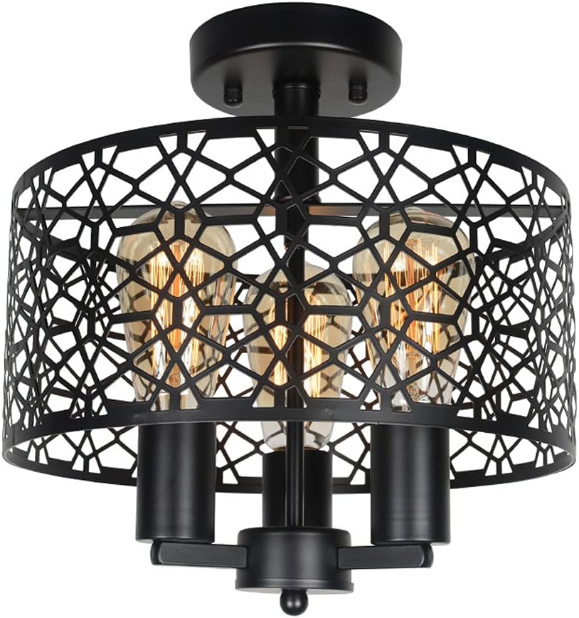 Black Metal and Wood Semi Flush Mount Ceiling Light 4 Light V829