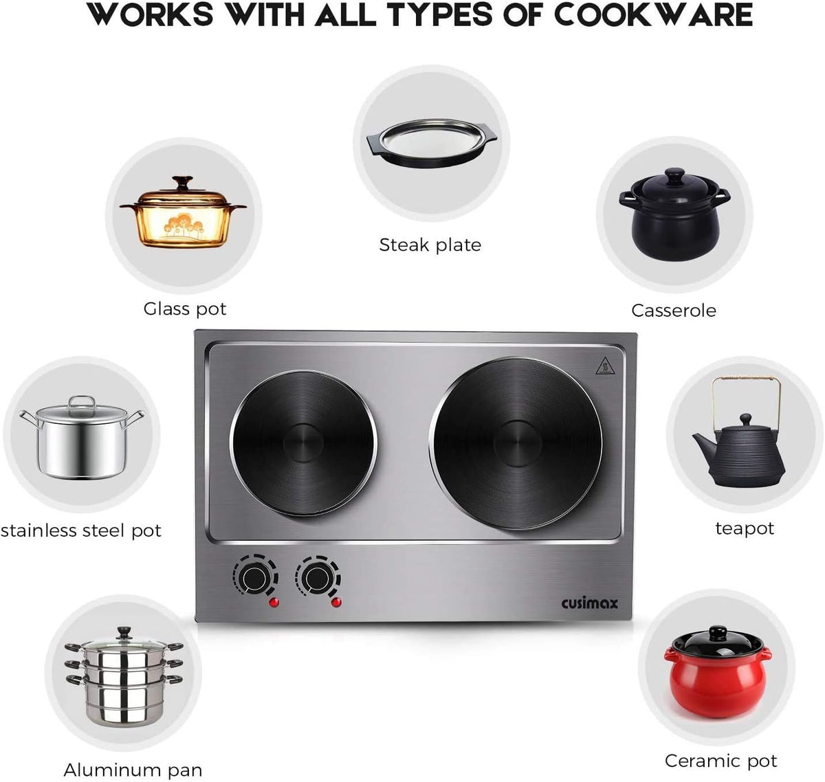 1800W Stainless Steel Silver Double Electric Hot Plate G717415