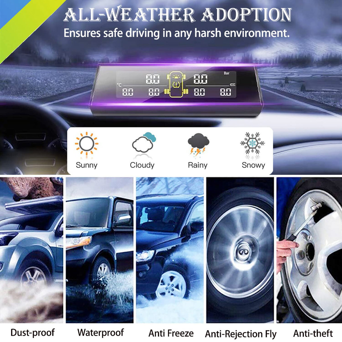 Wireless Solar Tire Pressure Monitoring System with 6 External Sensors B3134