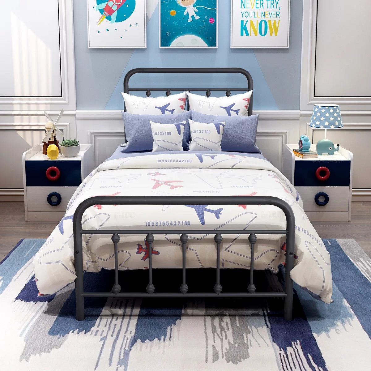 Twin Size Black Platform Bed Frame with Headboard J153