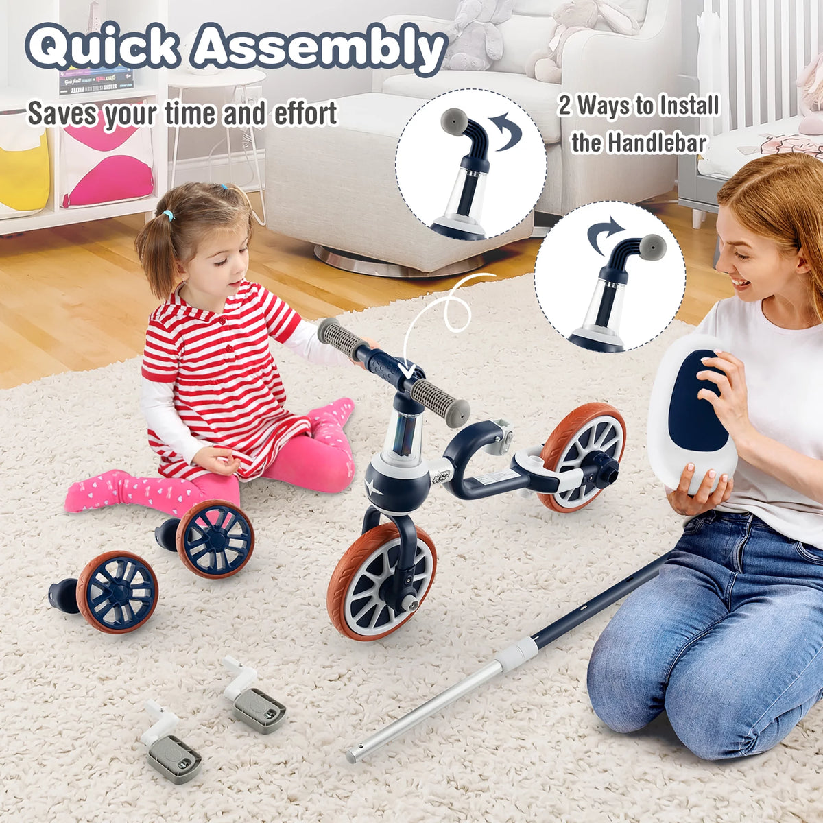 4 in 1 Kids Tricycles with Push Handle & Training Wheels Navy U577139
