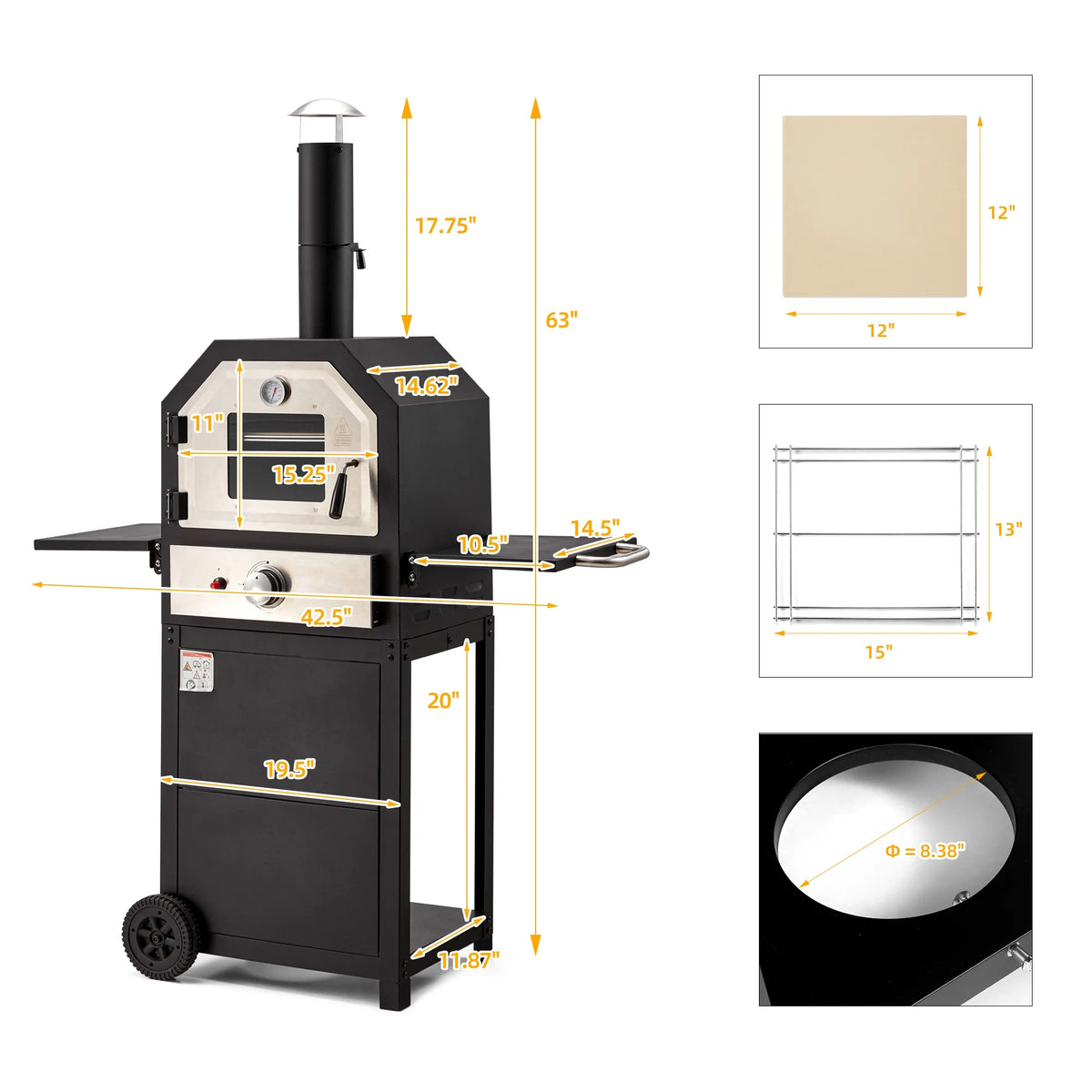 12 Propane Gas Pizza Oven with 2 Foldable Shelves and Wheels W1795